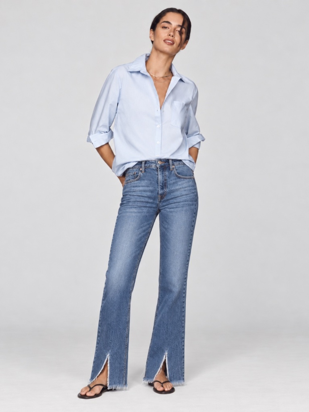 Zara High Rise Front Slit Flare Jeans Medium Wash Raw Hem 6164/195